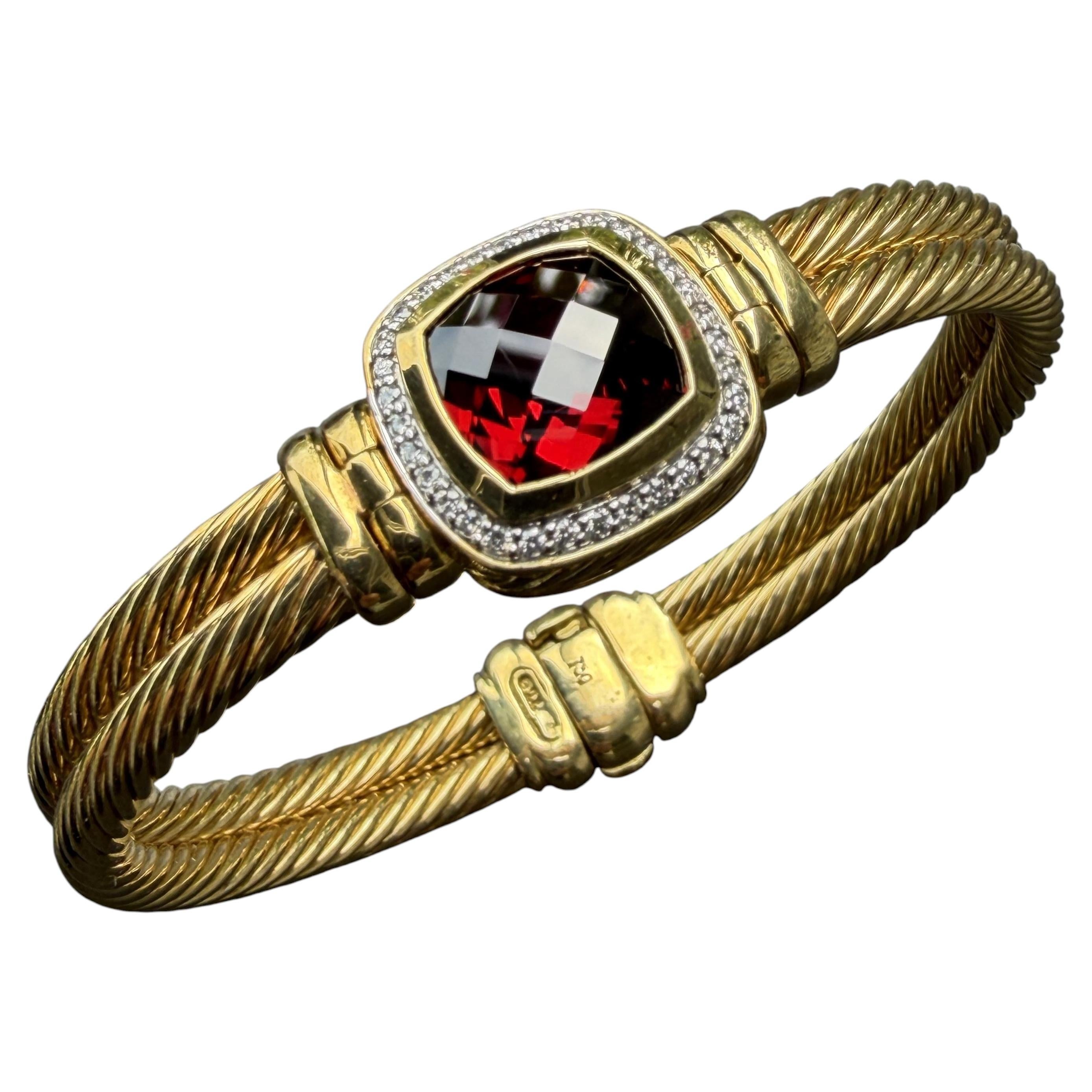 David Yurman 18k Yellow Gold Albion Garnet Double Row 18k Gold Bangle Bracelet For Sale