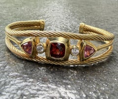 David Yurman 18k Yellow Gold Garnet Pink Tourmaline Diamond Cuff Bracelet 28.9g