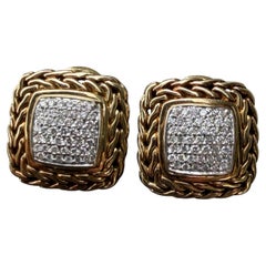 John Hardy 18k Yellow Gold Pave Diamond Classic Chain Square Earrings 13.8g