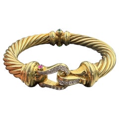 David Yurman Diamond Buckle 18k Yellow Gold Cable Bangle Bracelet 63.3g 7" 10mm