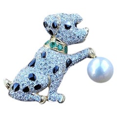 Levian Dog Pin Brooch Pendant 18k Gold Diamond Pearl Emerald Mother Pearl