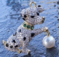 Levian Dog Pin Brooch Pendant 18k Gold Diamond Pearl Emerald Mother Pearl