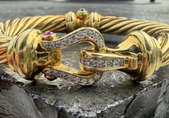 David Yurman Diamond Buckle 18k Yellow Gold Cable Bangle Bracelet 63.3g 7" 10mm