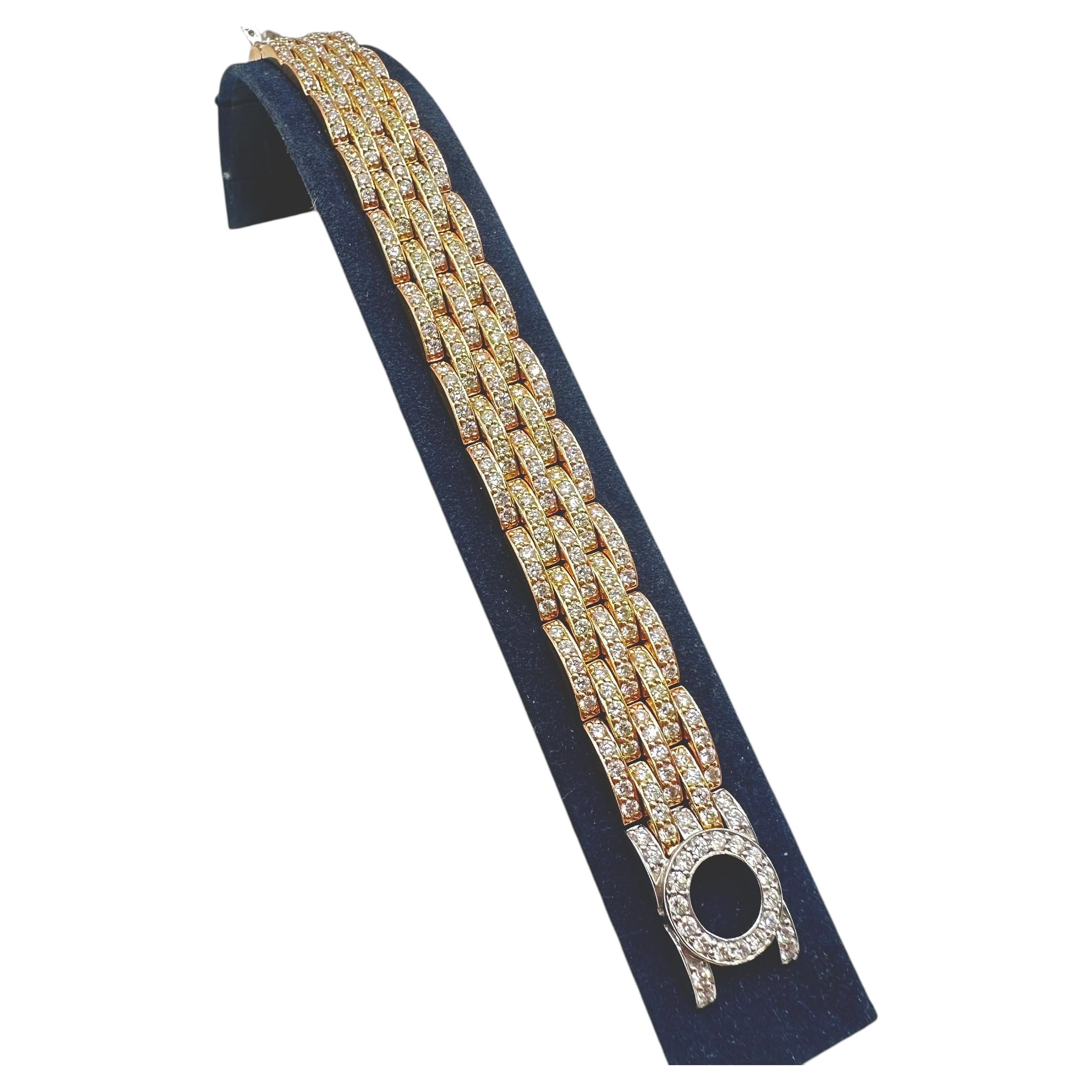 18K Yellow, Rose and White Gold Wide Bracelet Featuring 13.67ct Diamonds