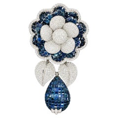 18K White Gold Diamond & Sapphire Floral Pin/Pendant