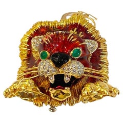 Frascarolo Vintage Enameled Diamond Lion Head Brooch 49.84 Grams
