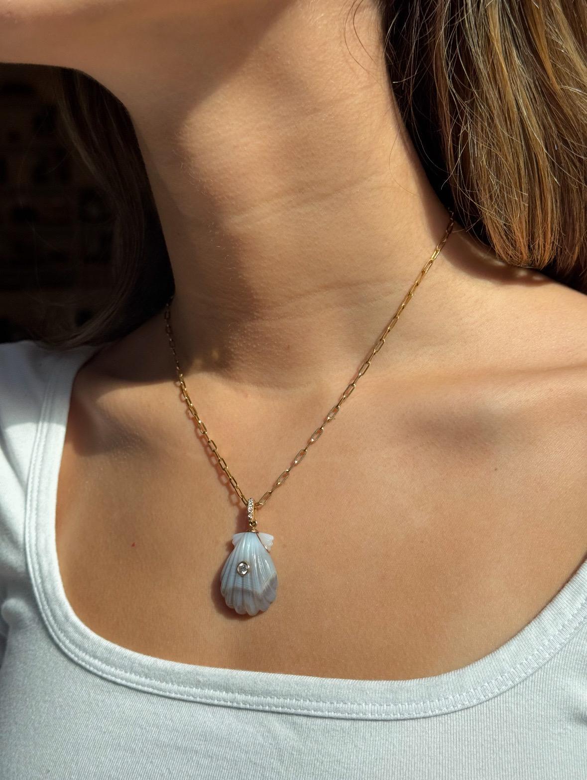LAGUNA AGATE SHELL NECKLACE, Center Diamond, Diamond Bail on 14k Paperclip Chain For Sale 1
