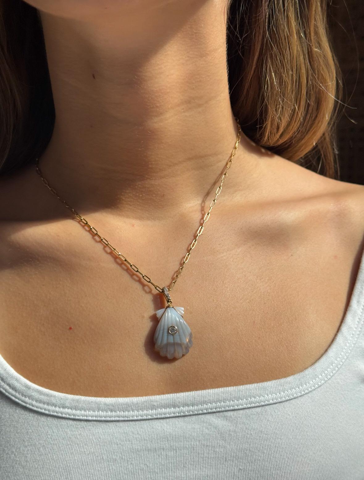 LAGUNA AGATE SHELL NECKLACE, Center Diamond, Diamond Bail on 14k Paperclip Chain For Sale 8
