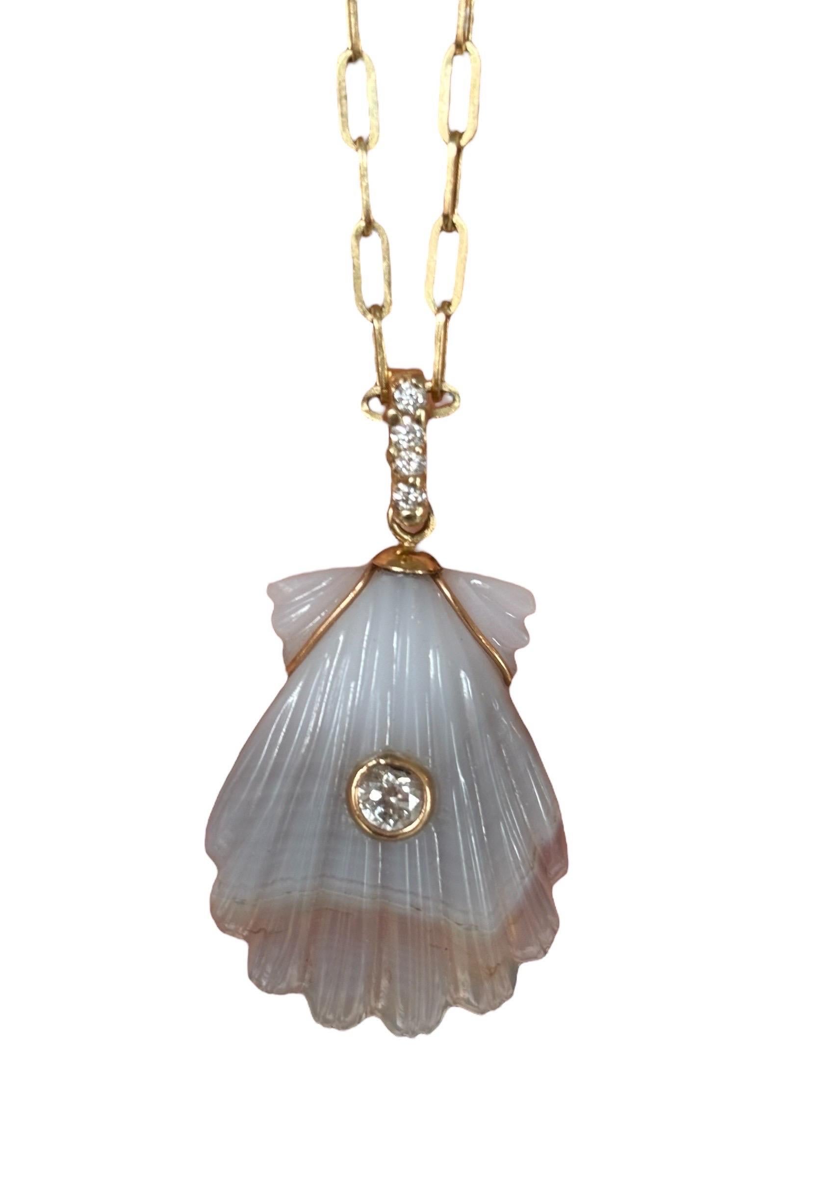 LAGUNA AGATE SHELL NECKLACE, Center Diamond, Diamond Bail on 14k Paperclip Chain For Sale 9
