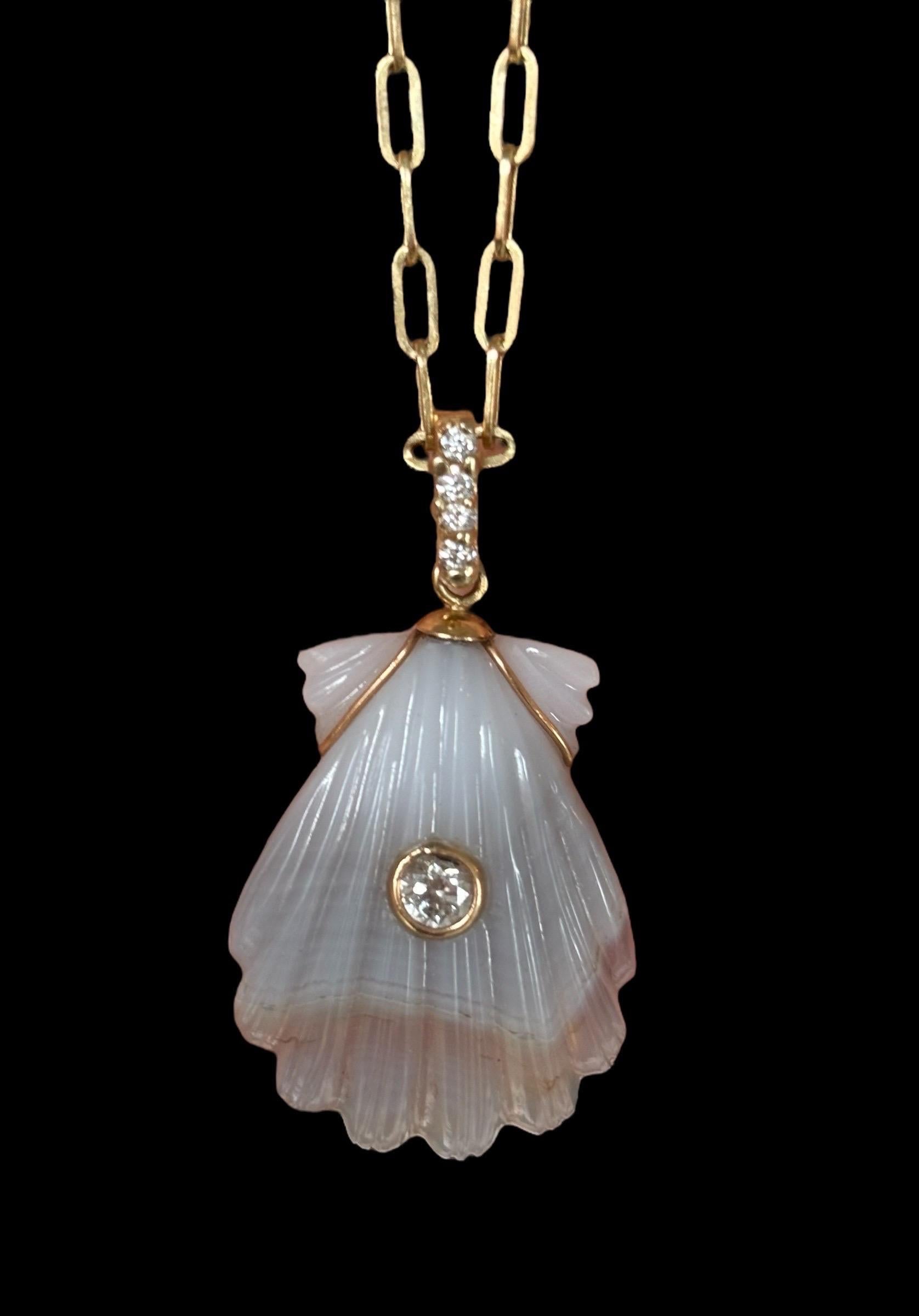 LAGUNA AGATE SHELL NECKLACE, Center Diamond, Diamond Bail on 14k Paperclip Chain For Sale 10