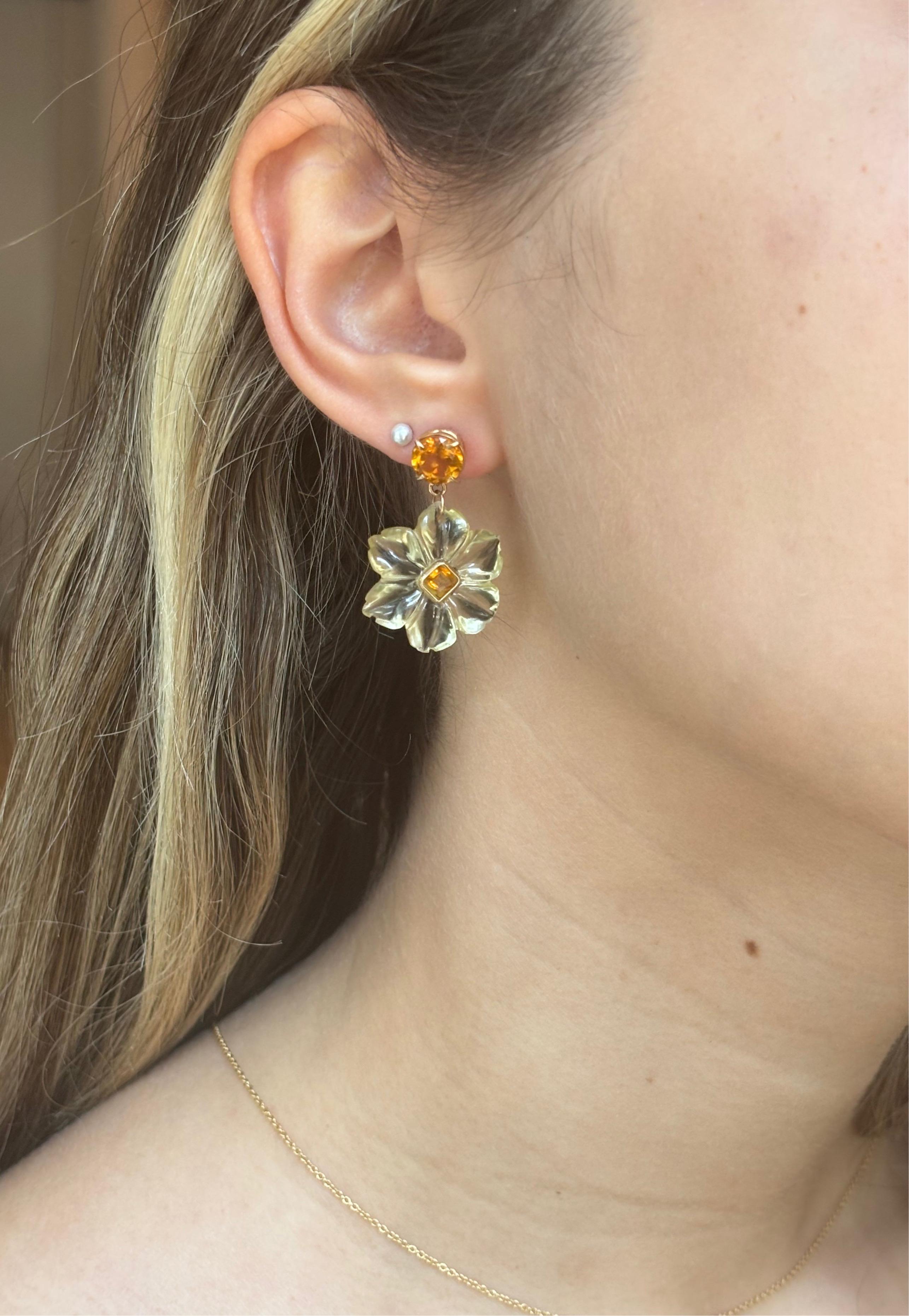 Taille mixte Boucles d'oreilles FLORA, quartz citron, citrine et or 14k en vente