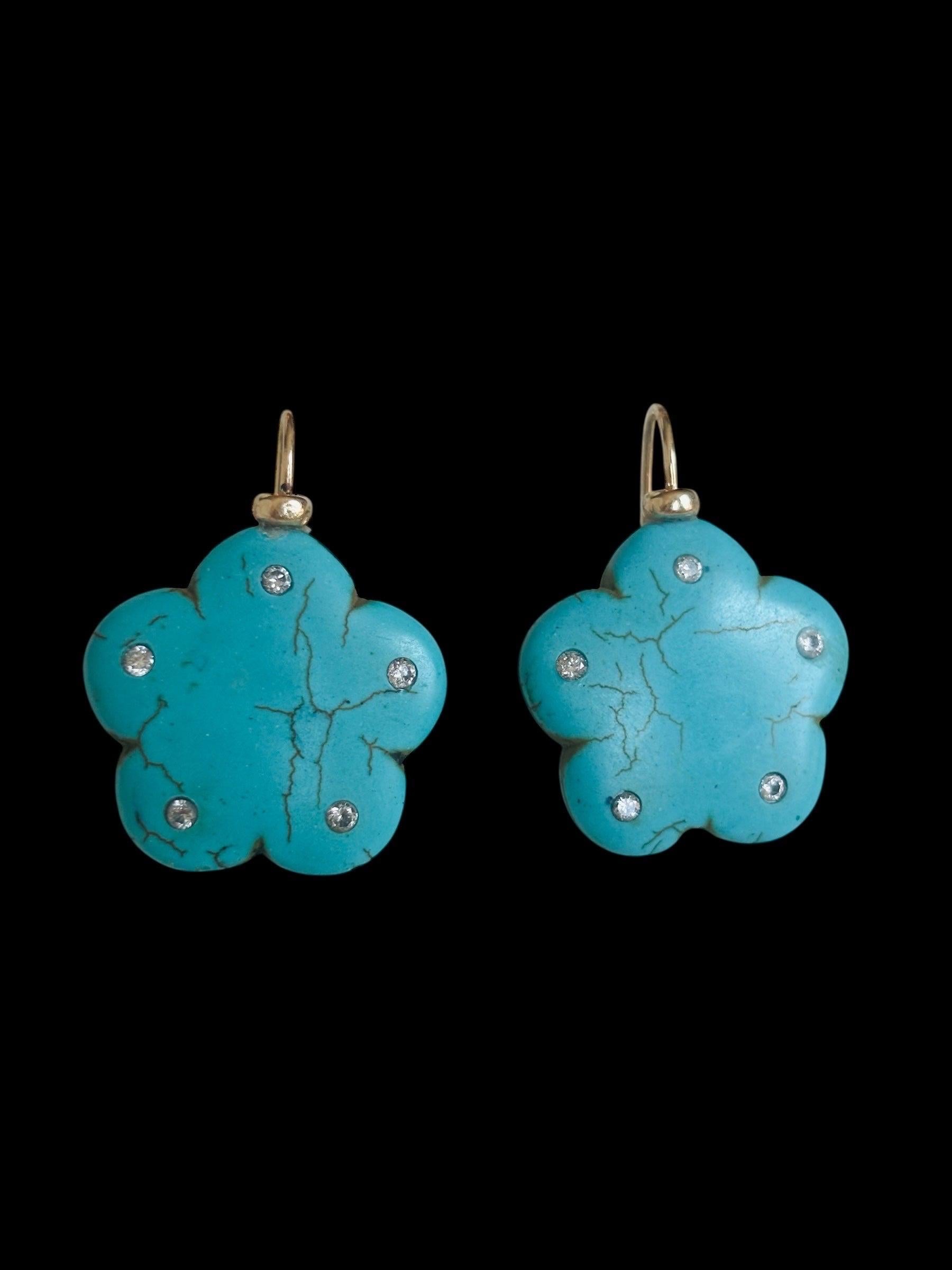 Boucles d'oreilles en turquoise, diamant et or 14k Neuf - En vente à New York, NY