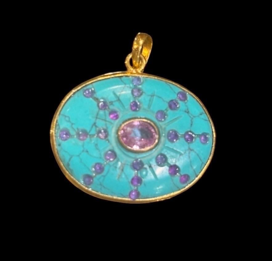 SOL Anhänger, Türkis, rosa Saphire & 14k Gold (Gemischter Schliff) im Angebot
