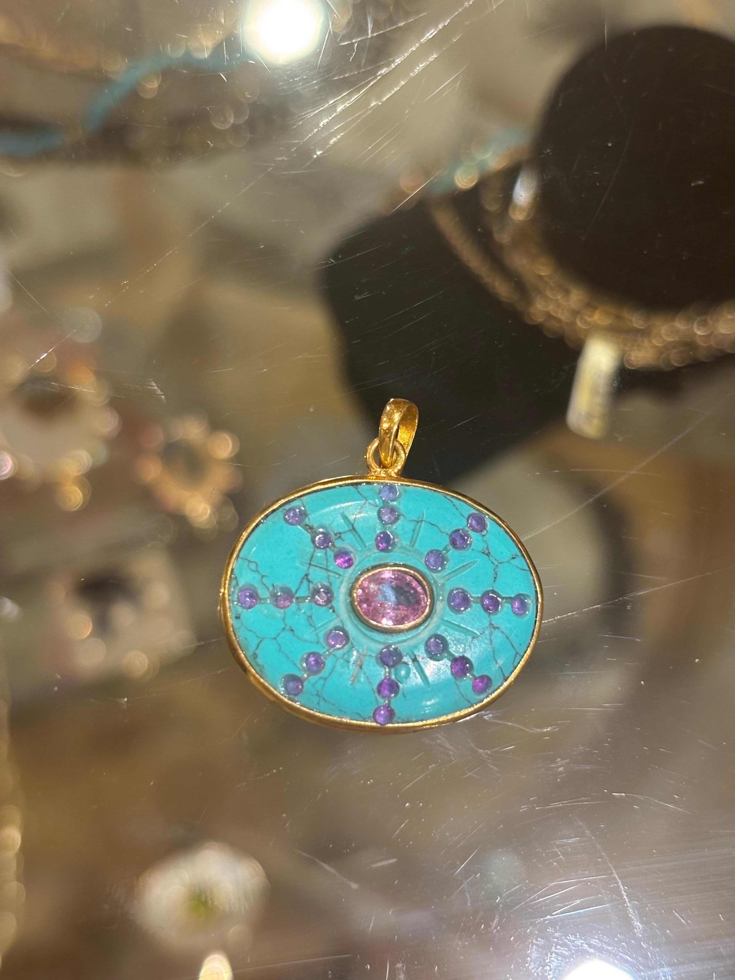 SOL Anhänger, Türkis, rosa Saphire & 14k Gold im Zustand „Neu“ im Angebot in New York, NY