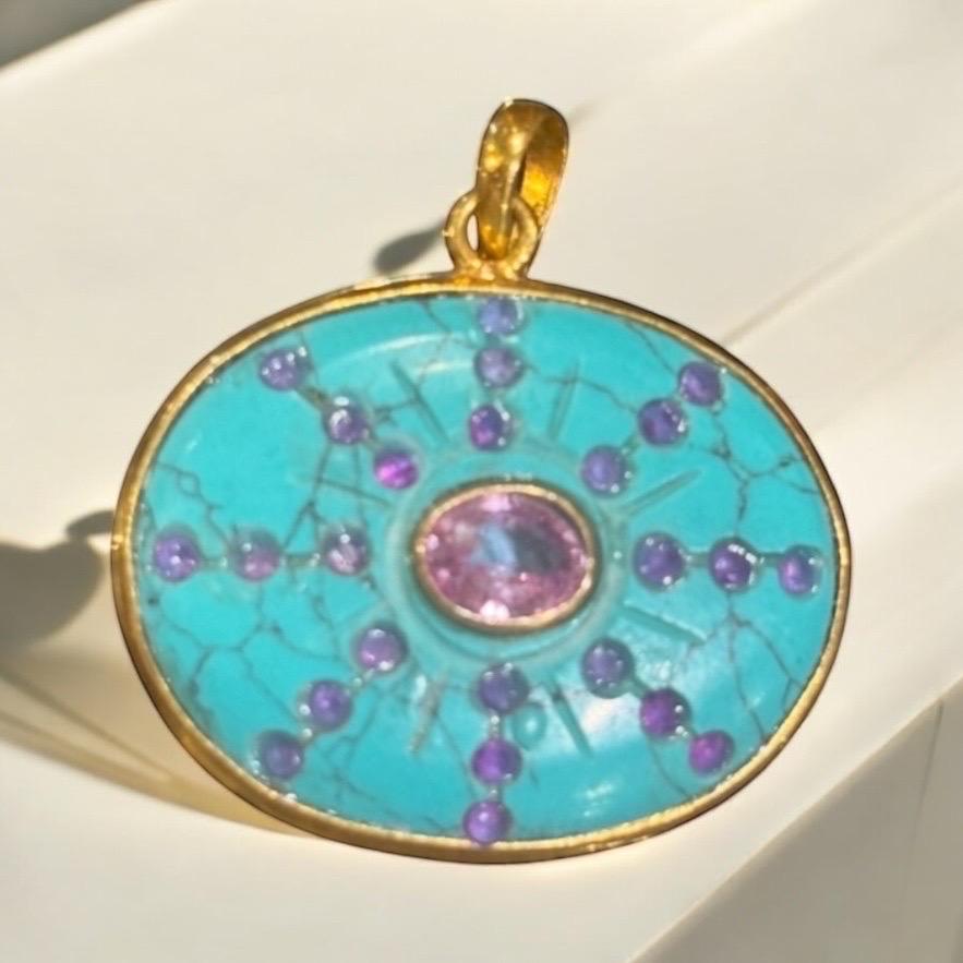 SOL Anhänger, Türkis, rosa Saphire & 14k Gold im Angebot 1