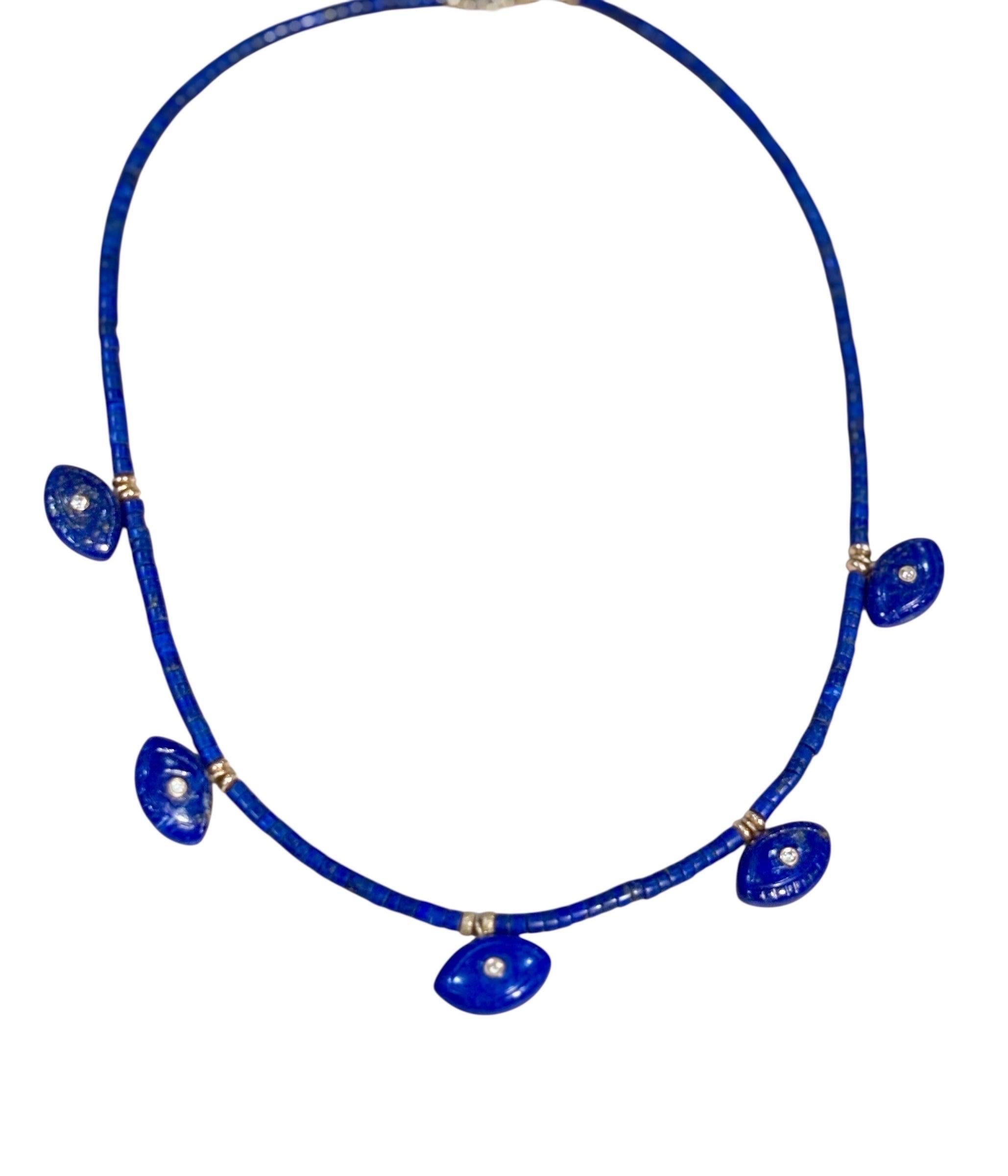 Collana EVIL EYES con Lapis, diamanti, smeraldi e oro 14k in vendita 1