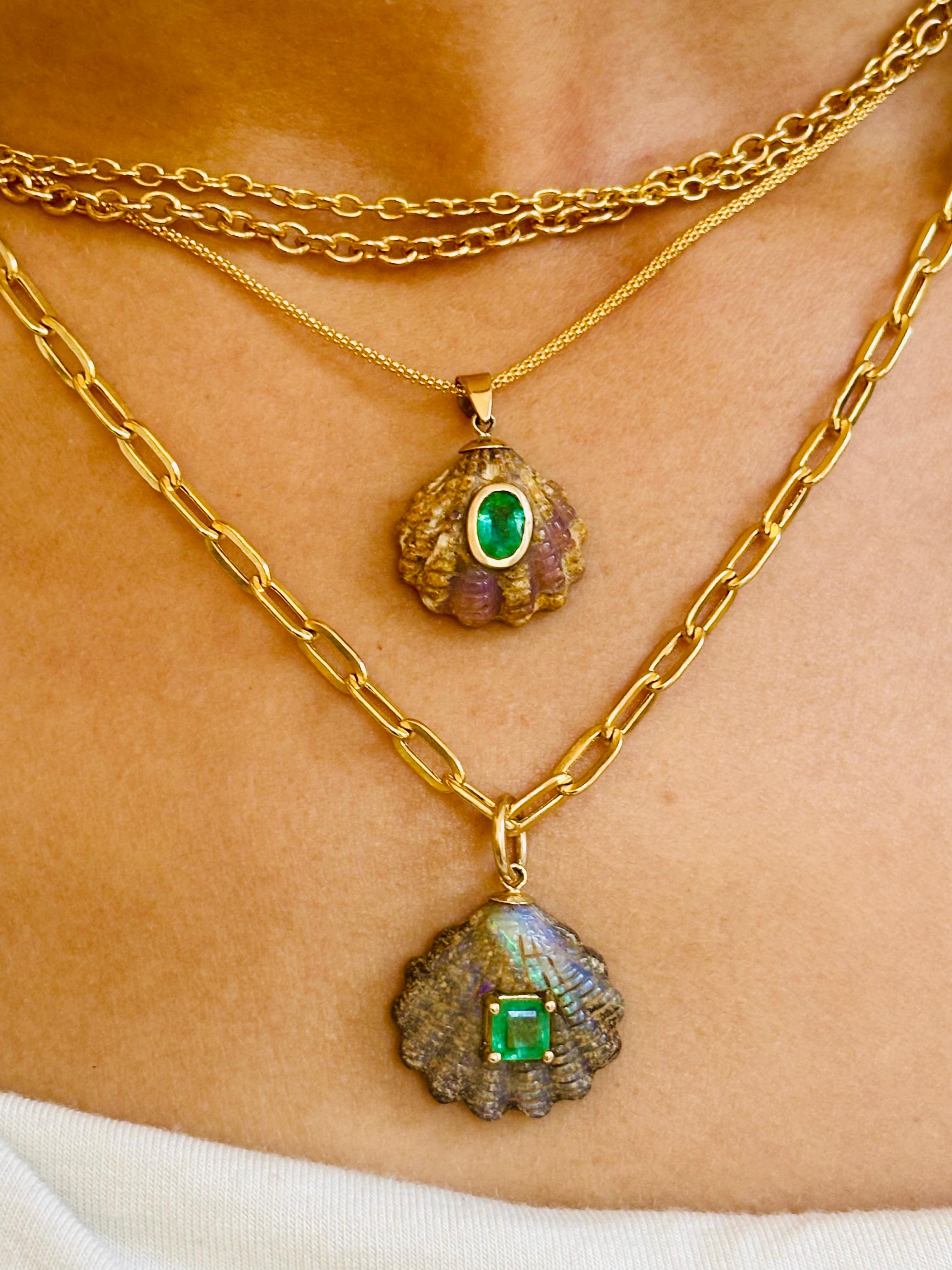 Australian Opal carved Shell with Emerald Pendant For Sale 5