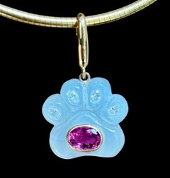 Dog Paw Pendant, Moonstone with Diamonds, Pink Tourmaline & 14k Gold