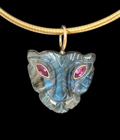 Lioness Pendant, Labradorite, Pink Tourmaline & 14k Gold