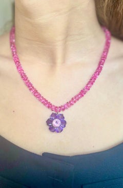 Pendentif fleur en améthyste, topaze rose et or 14k, FLORA