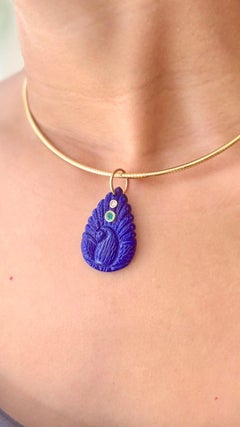 Lapis Peacock Pendant with Emerald, Diamond & 14k Gold
