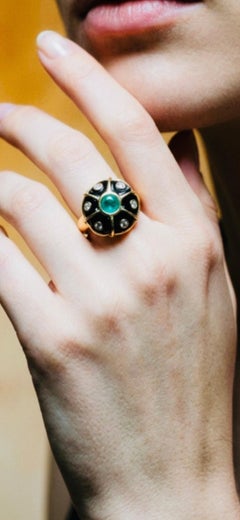 14k Gold Black Onyx, Emerald & Diamonds Floral Ring, Size 4