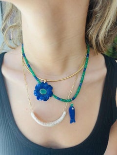 14k Gold FLORA Pendant, Lapis Flower with Emerald