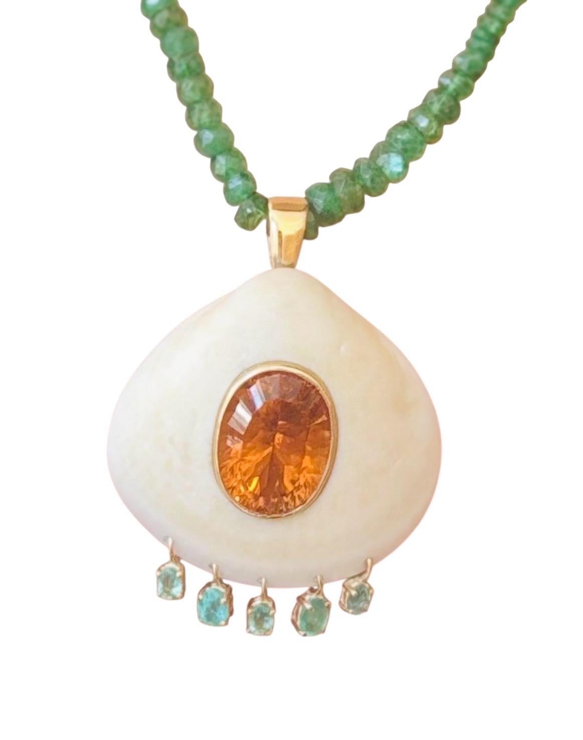 18" Emerald Necklace & Shell Pendant with Madeira Citrine & Emerald Fringe, 14k