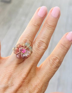 Tourmaline Flower Ring with 14k Gold Veining and 3mm Band