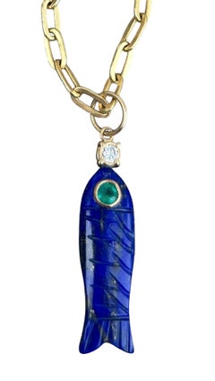 Lapis Lazuli Fish Pendant with Emerald, Diamond & 14k Gold