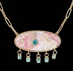 Rhodochrosite Necklace, with Emeralds & Diamonds on a Paperclip Chain
