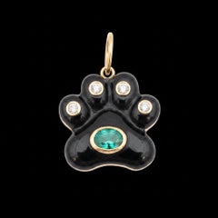 14k Gold Black Onyx Dog Paw Pendant with Emerald and Diamonds