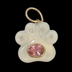 Dog Paw Pendant, Moonstone with Diamonds, Pink Tourmaline & 14k Gold