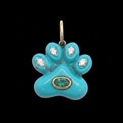 Dog Paw Pendant, Turquoise with Diamonds, Emerald & 14k Gold