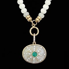 SOL Pendant, Moonstone with Emerald and Diamond Sun Rays and Diamond Bail