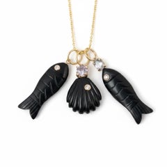 14k Gold Perfect Poisson Pendant, Black Onyx with Diamond and Spinel