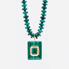 Malachite & Emerald Pendant on a Malachite & Emerald Beaded Necklace w/ 14k Gold