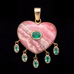Rhodochrosite Heart Pendant with Emeralds in 14k Gold by Jen Proudman