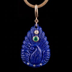 Lapis Peacock Pendant with Emerald, Diamonds & 14k Gold