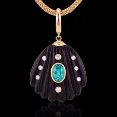 Black Onyx Shell Pendant with Emerald, Diamonds & 14k Gold