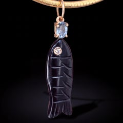 14k Gold Perfect Poisson Pendant, Black Onyx with Diamond and Spinel
