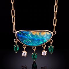 14k Gold Australian Opal Necklace with Columbian Emeralds & Diamonds