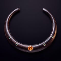Wood Collar Necklace with Gold Bezeled Citrine & Emeralds, 14k Gold