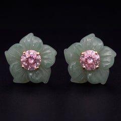 FLORA, Pendientes de botón con forma de flor de aventurina verde, turmalina rosa y oro de 14k