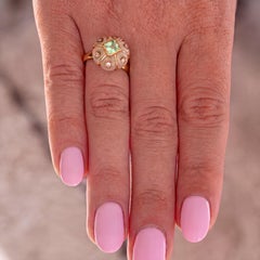 14k Gold Flower Ring with Moonstone, Emerald & Diamonds