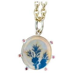 DENDRITIC AGATE PENDANT, with Deep Pink Sapphires & 14k Gold, HALO