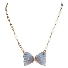 BUTTERFLY NECKLACE, Laguna Agate, Diamonds, 14kGold on Large 14k Paperclip Chain