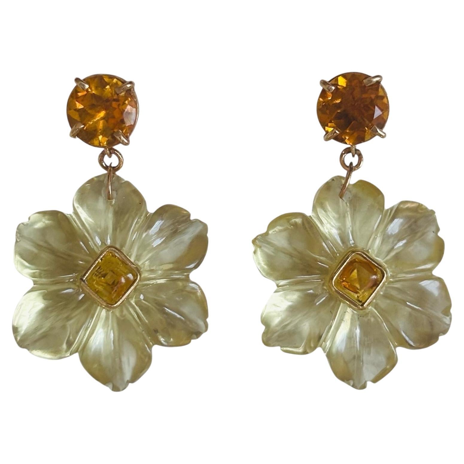 Boucles d'oreilles FLORA, quartz citron, citrine et or 14k en vente