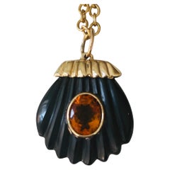 Sea Shell Pendant, Black Onyx, Citrine and  Thick 14k Gold Cap