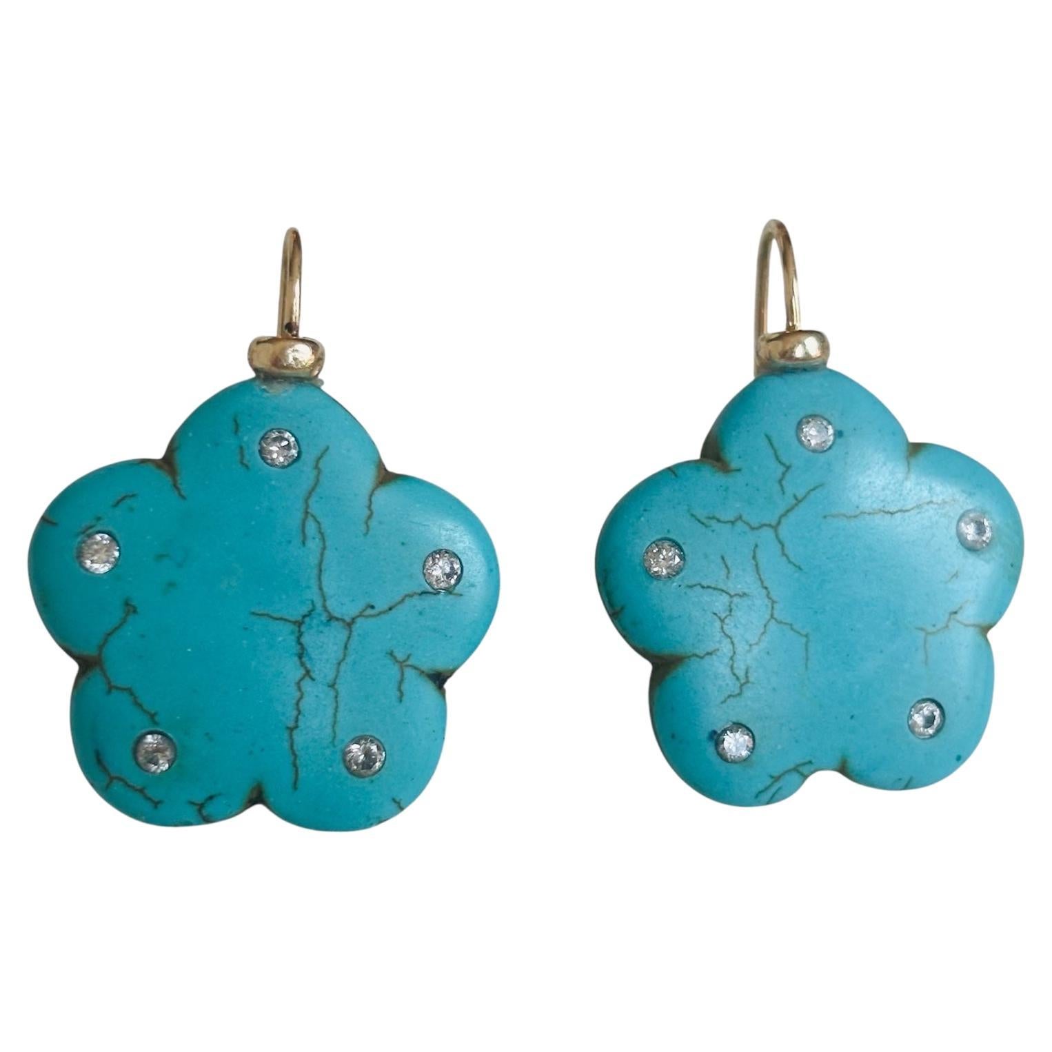 Boucles d'oreilles en turquoise, diamant et or 14k en vente